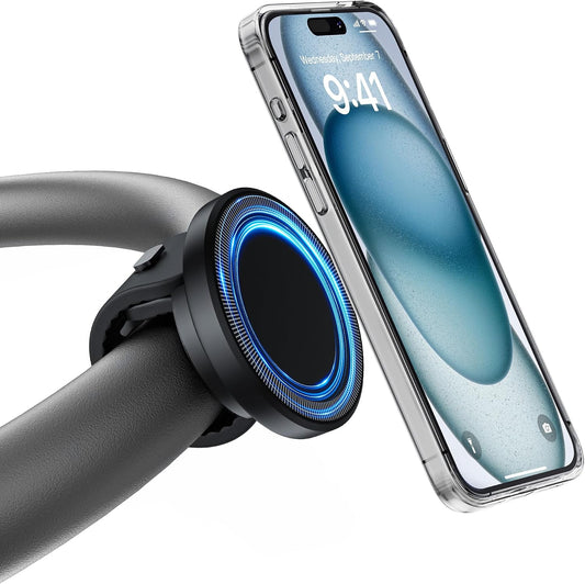 Magnetic stroller phone holder with adjustable silicone handlebar strap