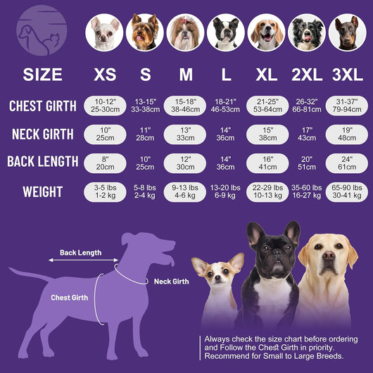 Red buffalo plaid dog pajama size chart showing chest, neck, back and weight guidance from XS through 3XL.