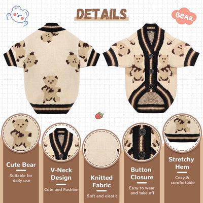 Cute Bear Dog Sweater Cardigan – Soft Knit Warm Dog Clothes for Small & Medium Dogs