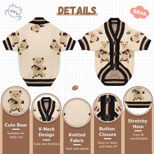 Cute Bear Dog Sweater Cardigan – Soft Knit Warm Dog Clothes for Small & Medium Dogs
