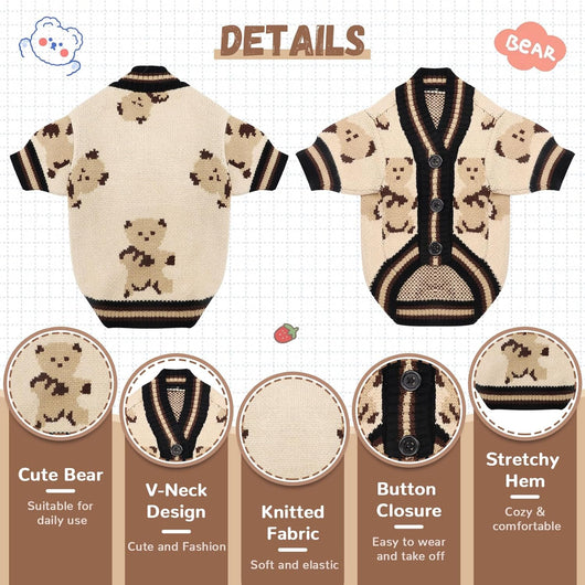 Cute Bear Dog Sweater Cardigan – Soft Knit Warm Dog Clothes for Small & Medium Dogs
