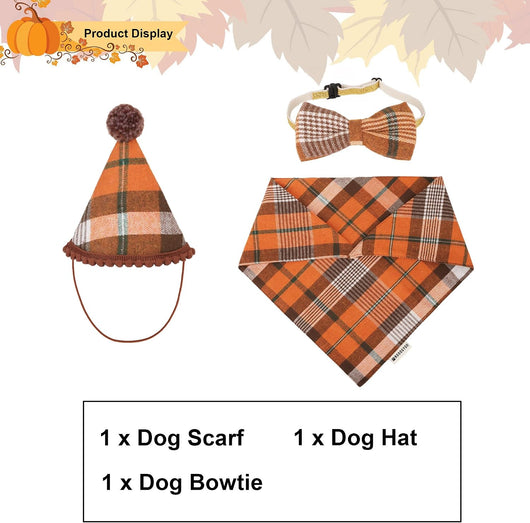 Fall Plaid Dog Bandana Hat Bow Set