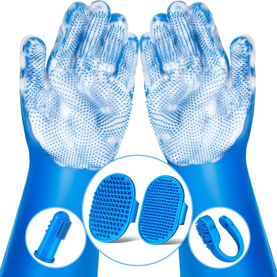 Navy blue 6-piece silicone pet grooming kit with gloves, bath brushes, and finger toothbrushes for dogs, cats, and horses