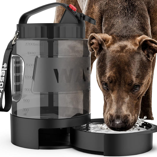 77oz portable dog water bottle with built-in travel bowl