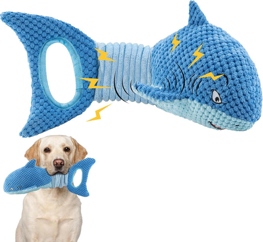 Gray squeaky shark plush dog toy for tug, chew, fetch, and interactive boredom relief play