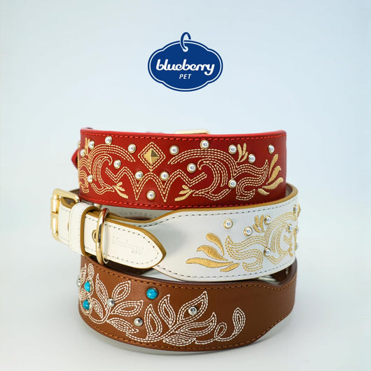 Western Leather Dog Collar | Floral Embroidered Studded Collar