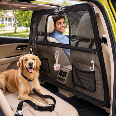 Adjustable pet car barrier keeping dogs in rear seat