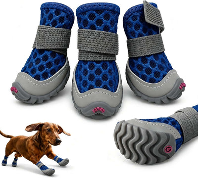 Blue non-slip dog shoes for hot pavement with breathable upper and rubber sole