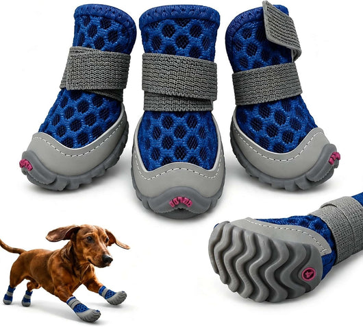 Blue non-slip dog shoes for hot pavement with breathable upper and rubber sole