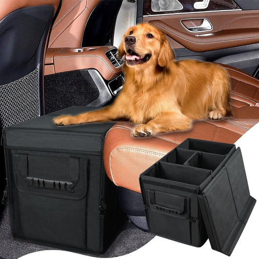 Foldable dog car seat extender and storage organizer for vehicle footwell