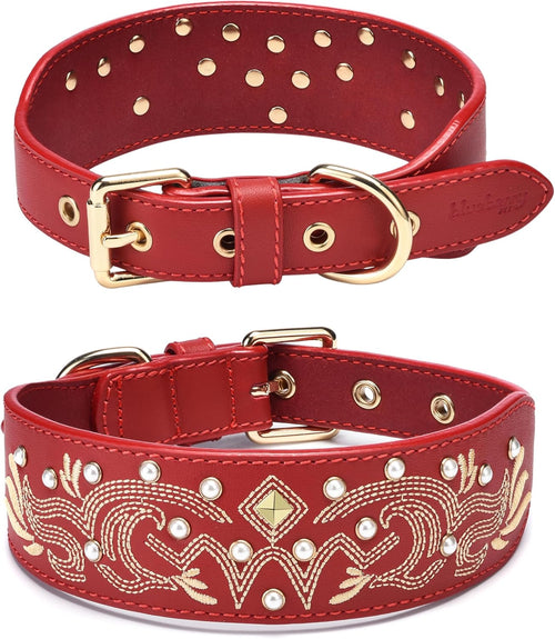 Western Leather Dog Collar | Floral Embroidered Studded Collar