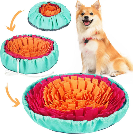 Snuffle Mat secured around a chair leg for steady play