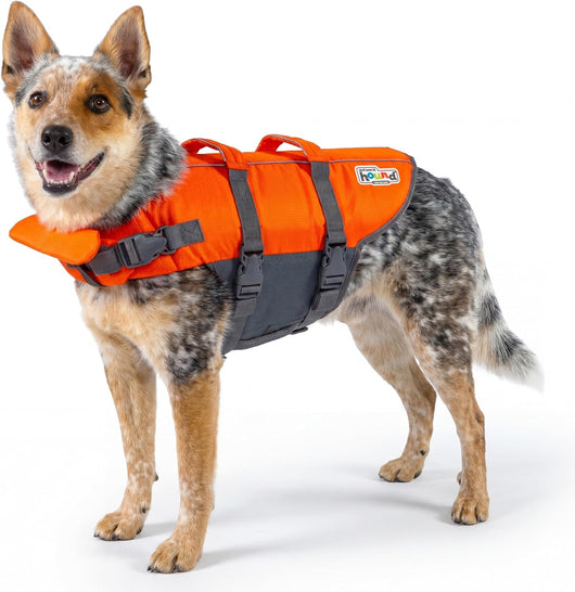 Orange adjustable dog life jacket with reflective trim and rescue handles