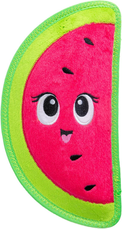 Red watermelon squeaky dog toy for tough chewers, fetch, chew, and interactive play