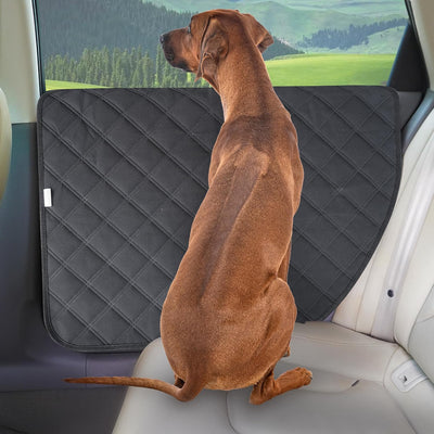 Waterproof dog car door protector installed on vehicle door to prevent scratches, muddy paws, slobber, and interior damage during pet travel.