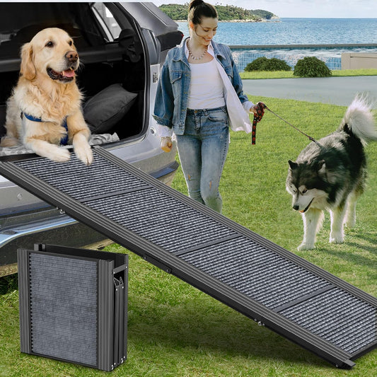 Portable folding dog car ramp with gray non-slip walking surface