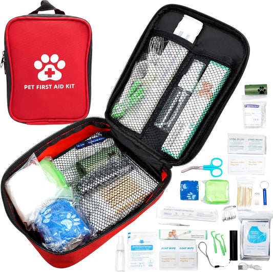 Portable dog first aid kit with compact emergency supplies for pet travel