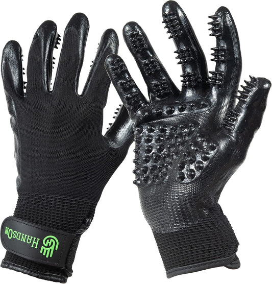 Black pet grooming gloves with soft rubber nodules for removing loose hair, bathing, massaging, and grooming dogs, cats, horses, and furry pets