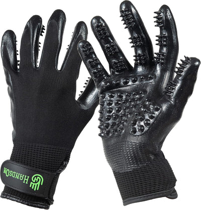 Black pet grooming gloves with soft rubber nodules for removing loose hair, bathing, massaging, and grooming dogs, cats, horses, and furry pets
