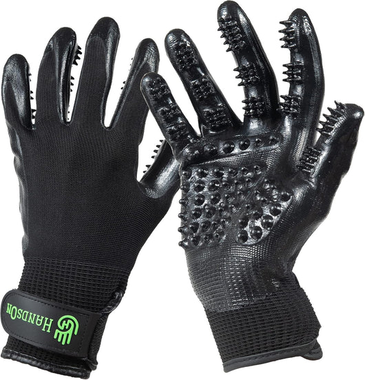 Black pet grooming gloves with soft rubber nodules for removing loose hair, bathing, massaging, and grooming dogs, cats, horses, and furry pets
