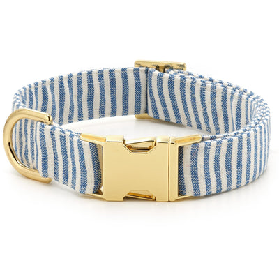 Lake blue striped cotton dog collar with gold hardware for comfortable everyday walks