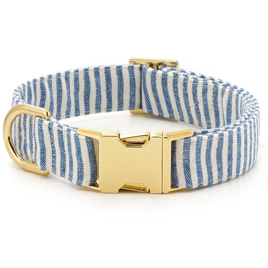 Lake blue striped cotton dog collar with gold hardware for comfortable everyday walks