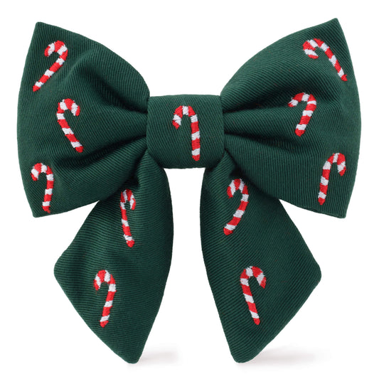 Evergreen candy cane embroidered sailor dog bow for holiday pet fashion