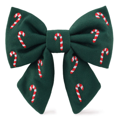 Evergreen candy cane embroidered sailor dog bow for holiday pet fashion