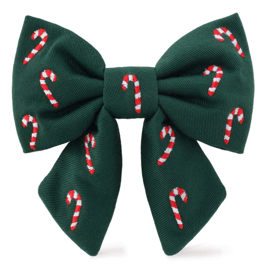 Evergreen candy cane embroidered sailor dog bow for holiday pet fashion