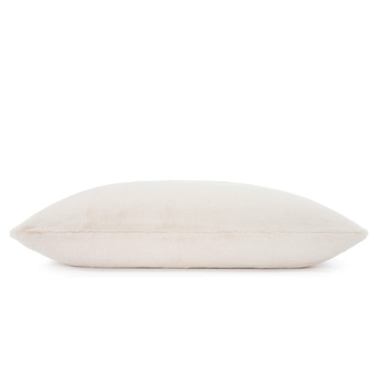 Natural cream faux fur pillow dog bed shown from the side on a white background.