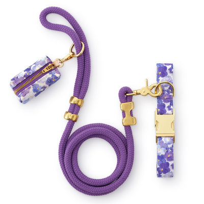 Pressed pansies floral dog collar leash and waste bag holder walking set