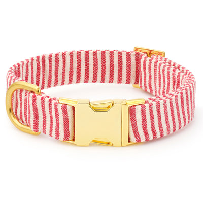Red stripe cotton dog collar with gold hardware for stylish everyday walks
