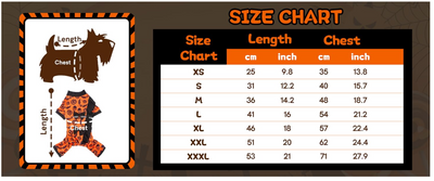 Halloween dog pajama size chart showing chest and back-length measurements from XS through XXXL