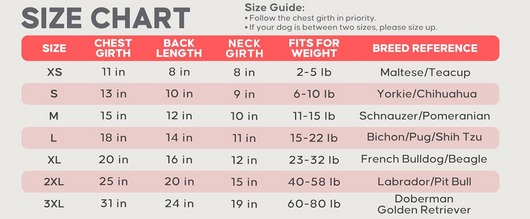 Rainbow leopard dog pajamas size chart showing chest, back, neck, weight and breed references from XS to 3XL