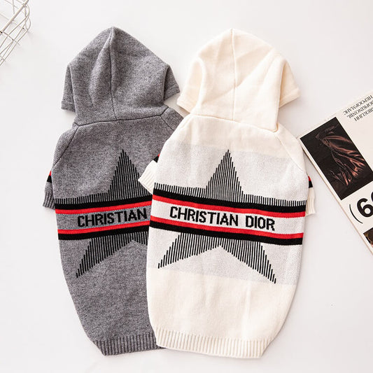 Grey and cream dog hoodie sweaters with bold star graphics, contrast stripe details, short sleeves, and ribbed hems.